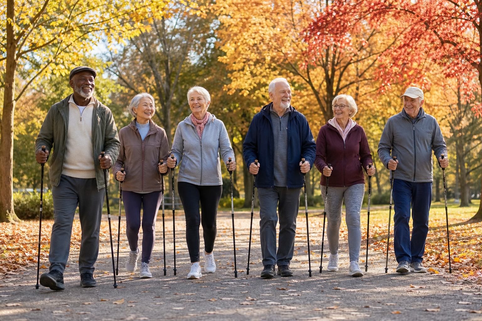 Seniors walking outdoors with nordic poles in a park