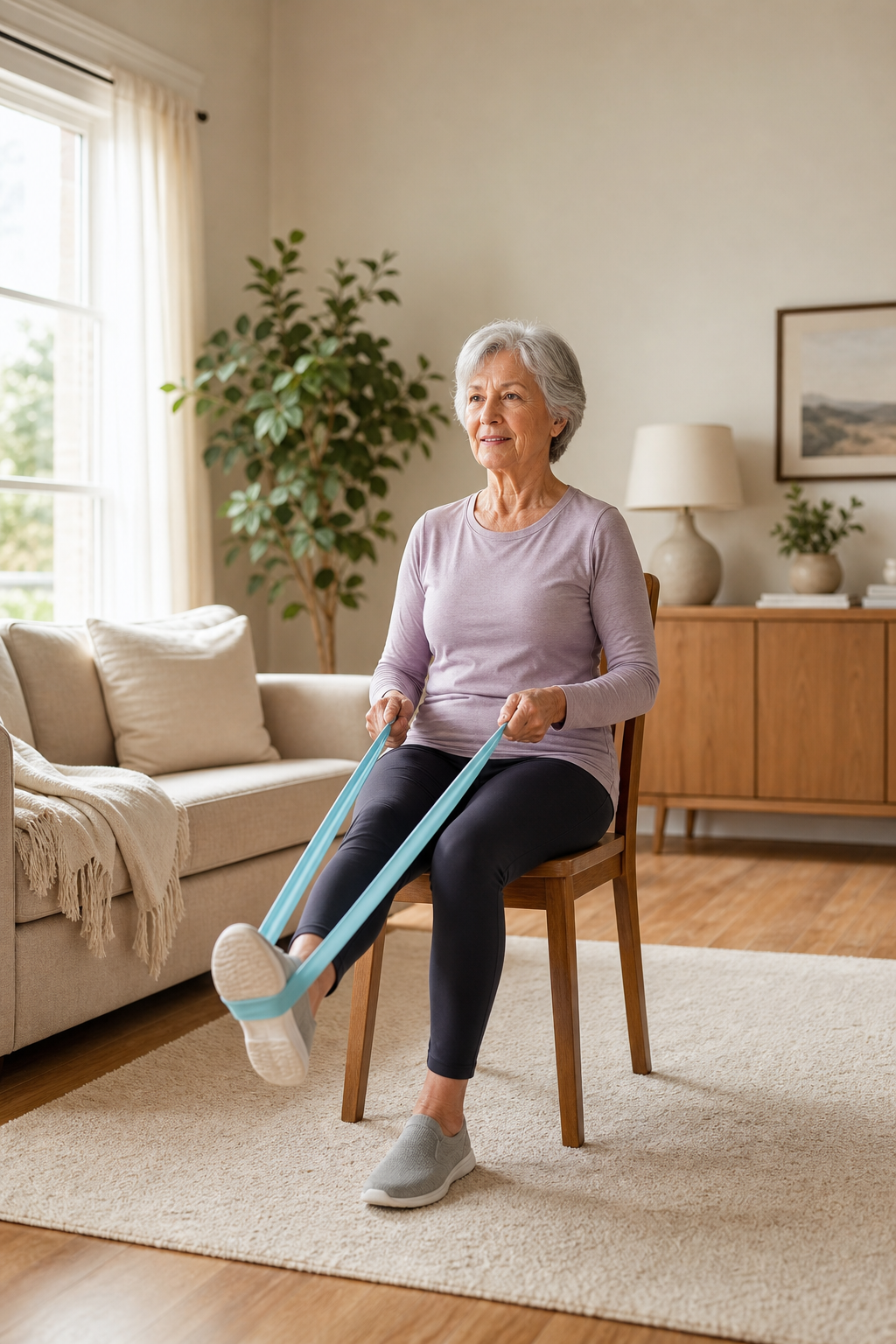 Senior woman doing seated leg stretches with resistance band at home