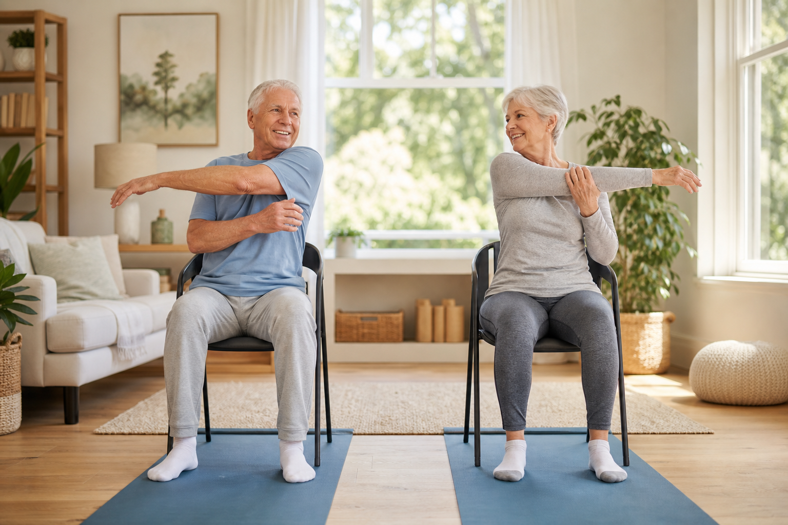 Seniors performing gentle seated exercises for arthritis in a sunlit living room