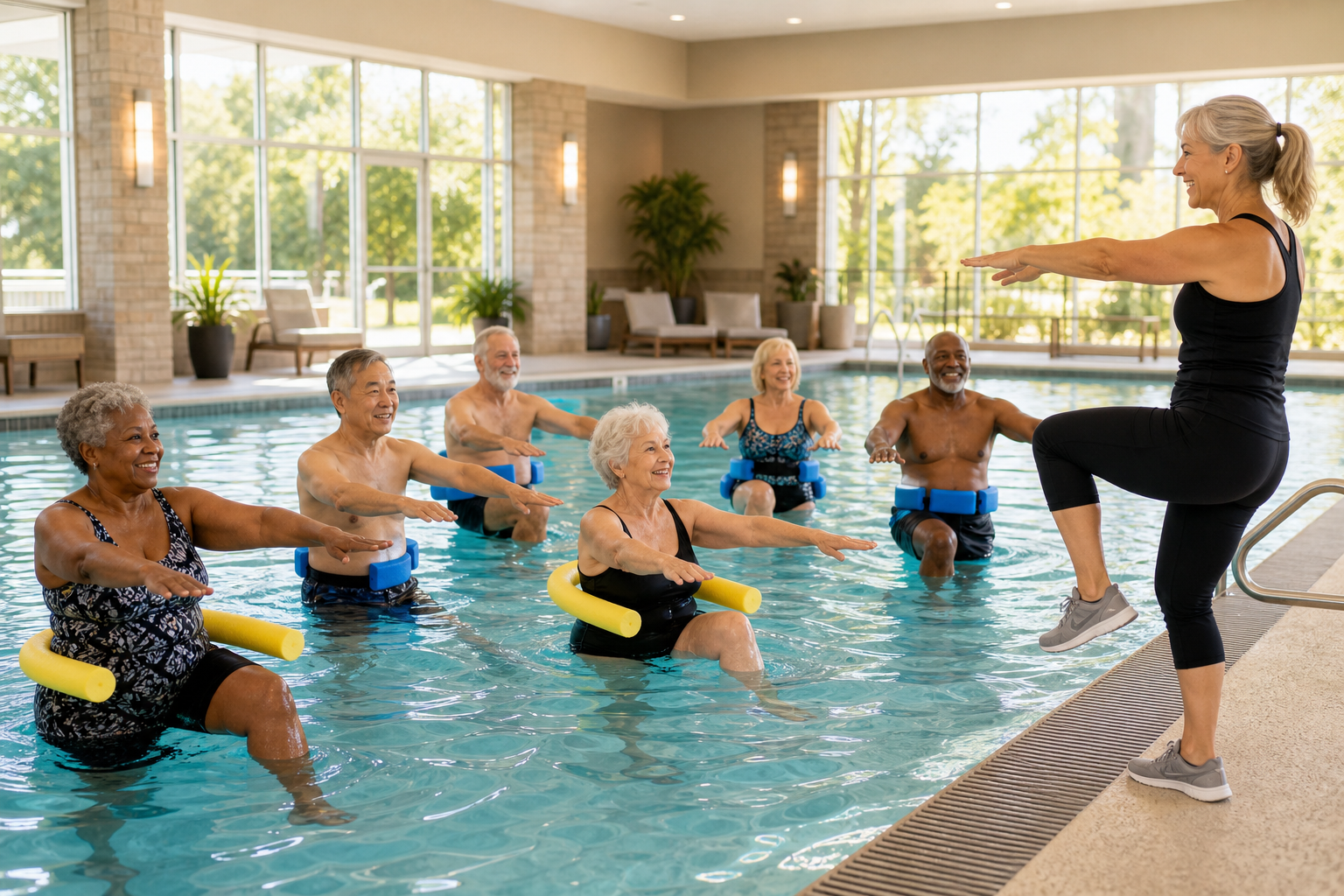 Seniors exercising in a pool during a low impact arthritis water aerobics class