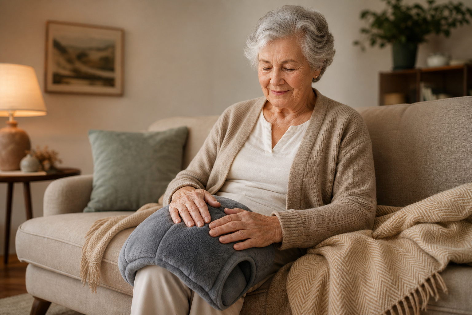 Senior using an extra-large heating pad for arthritis knee pain relief at home