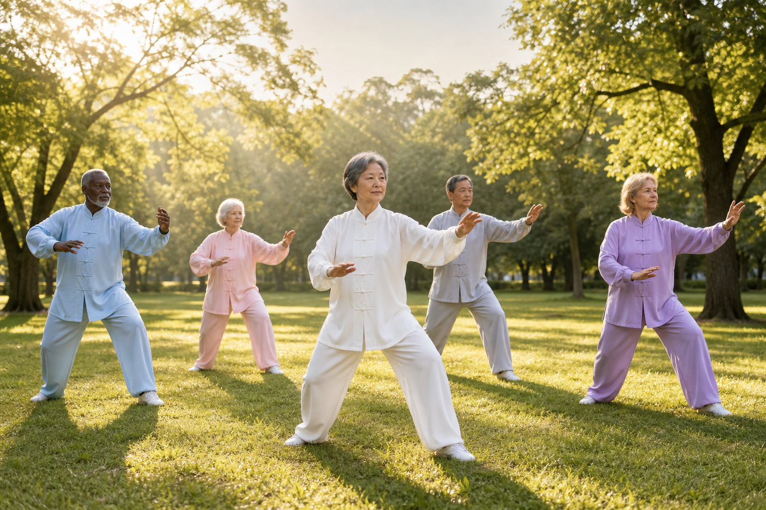 Older adults practicing tai chi outdoors for joint health and balance.