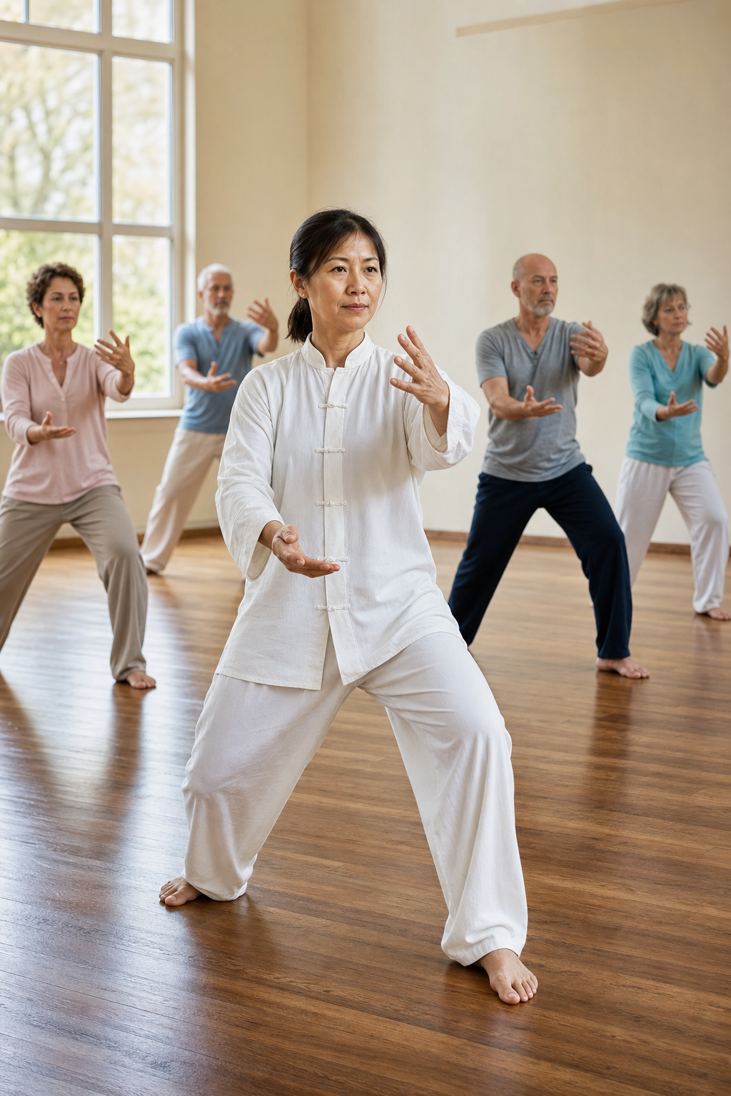 Tai chi class close-up showing balance and movement for arthritis relief.