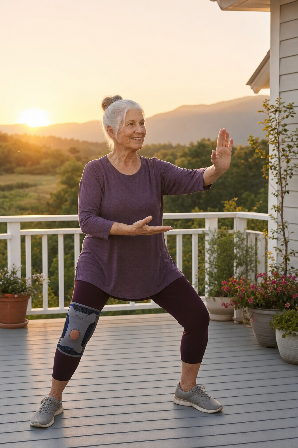Senior woman with knee brace practicing tai chi for arthritis and balance.