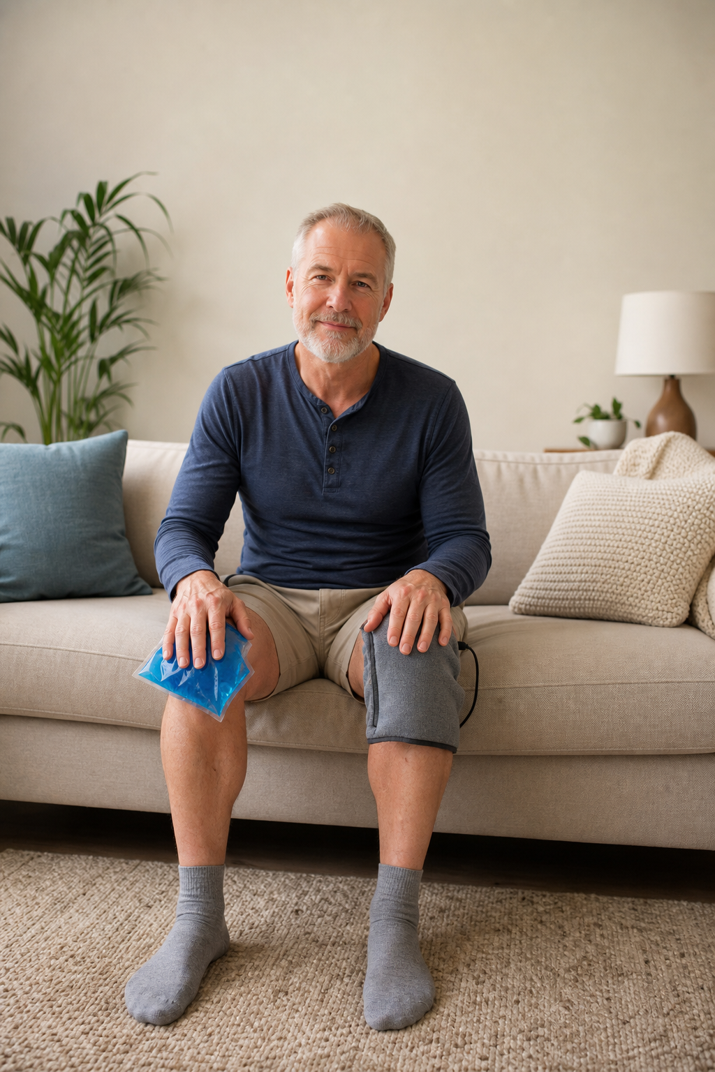 Hands holding ice pack and heating pad on knees for joint pain relief