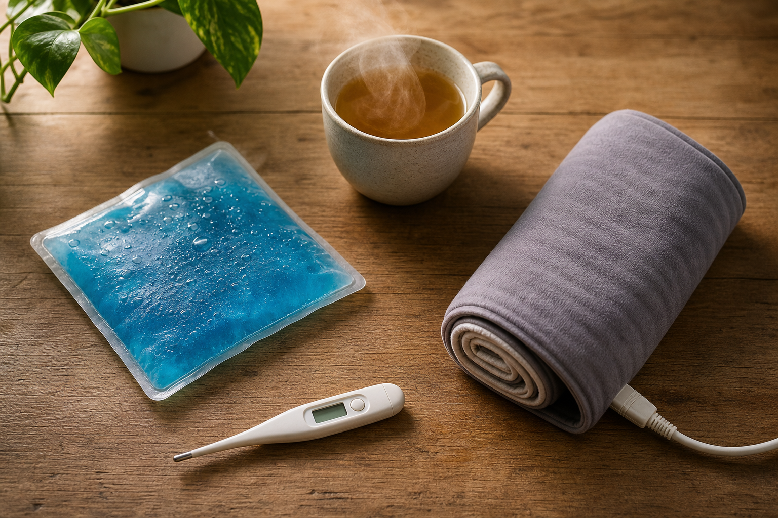 Table with heating pad, ice pack, thermometer, and tea for joint pain choices
