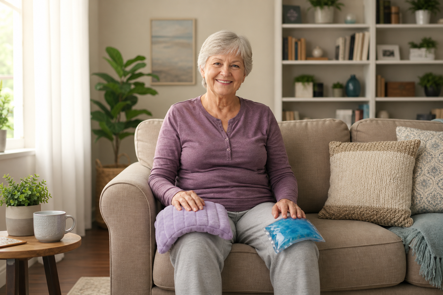 Older adult using both heating pad and ice pack on knees for pain management