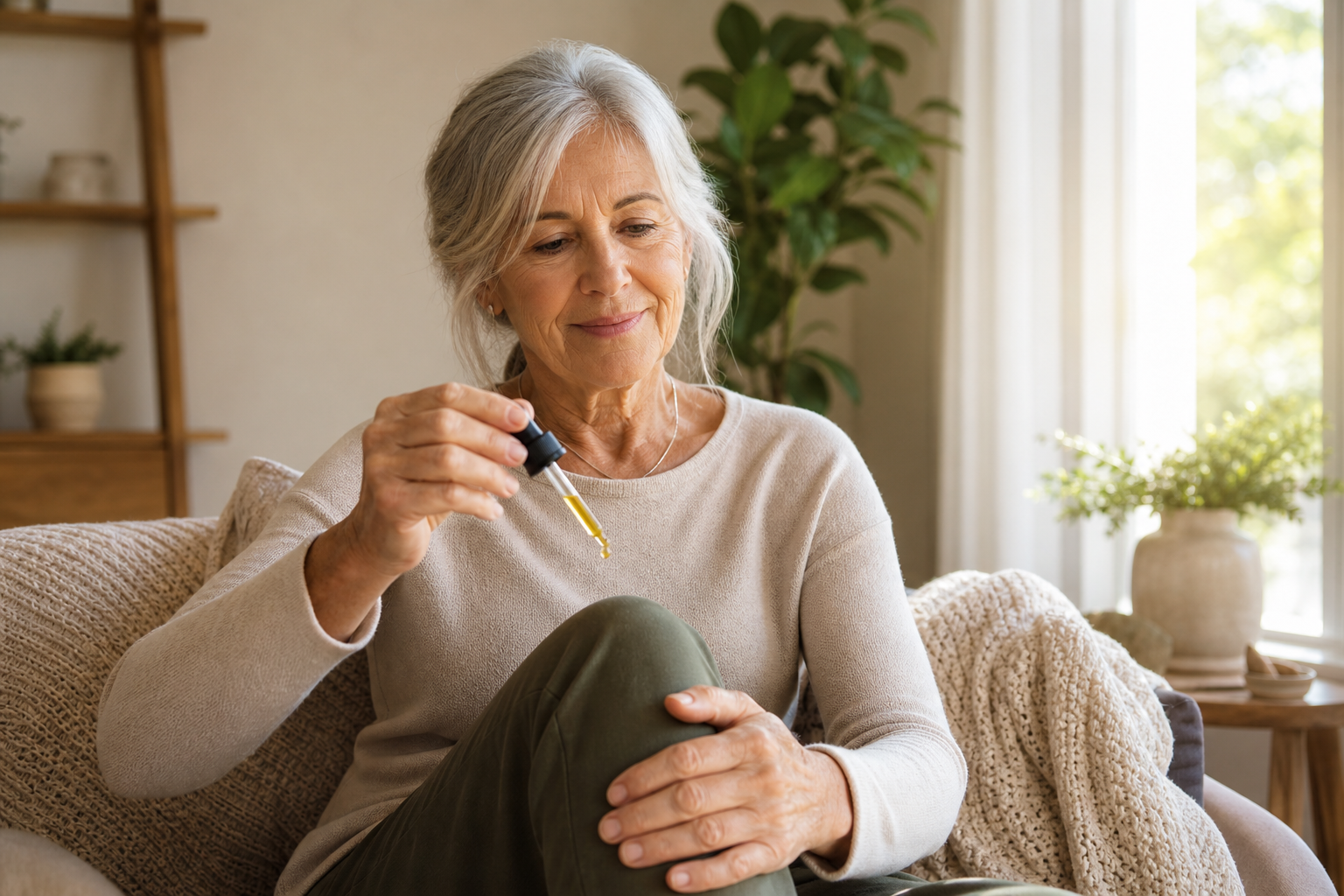 Close-up of senior hand with CBD oil dropper above knee, cozy home