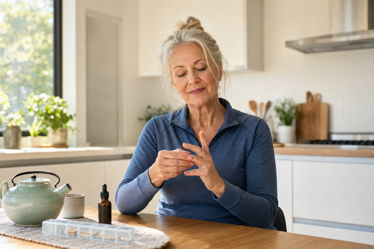 Woman applying CBD oil to finger joints, sunny kitchen setting