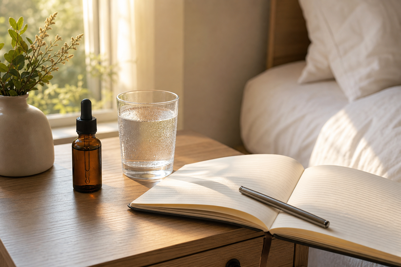 Nightstand with CBD oil, water, pain journal, morning light