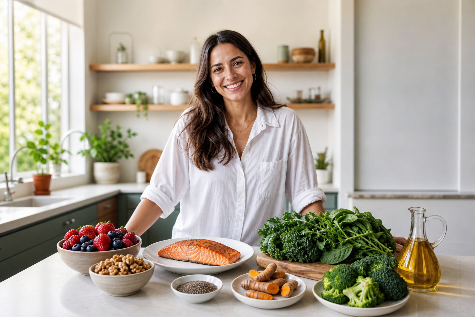 Best foods for joint health and cartilage repair on a kitchen table: salmon, berries, greens, and more.