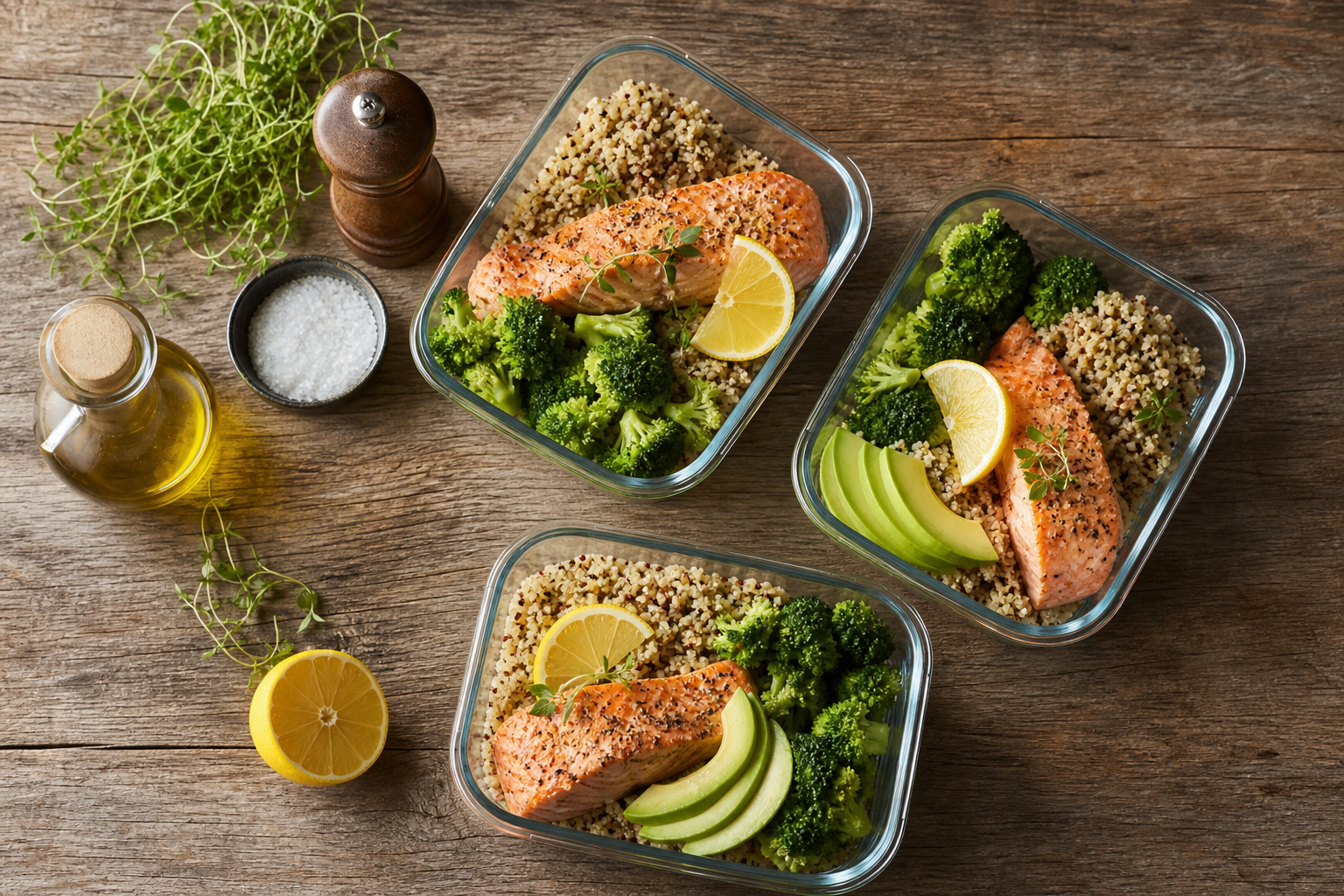 Meal prep for joint health: salmon, broccoli, quinoa, avocado, and lemon in containers.