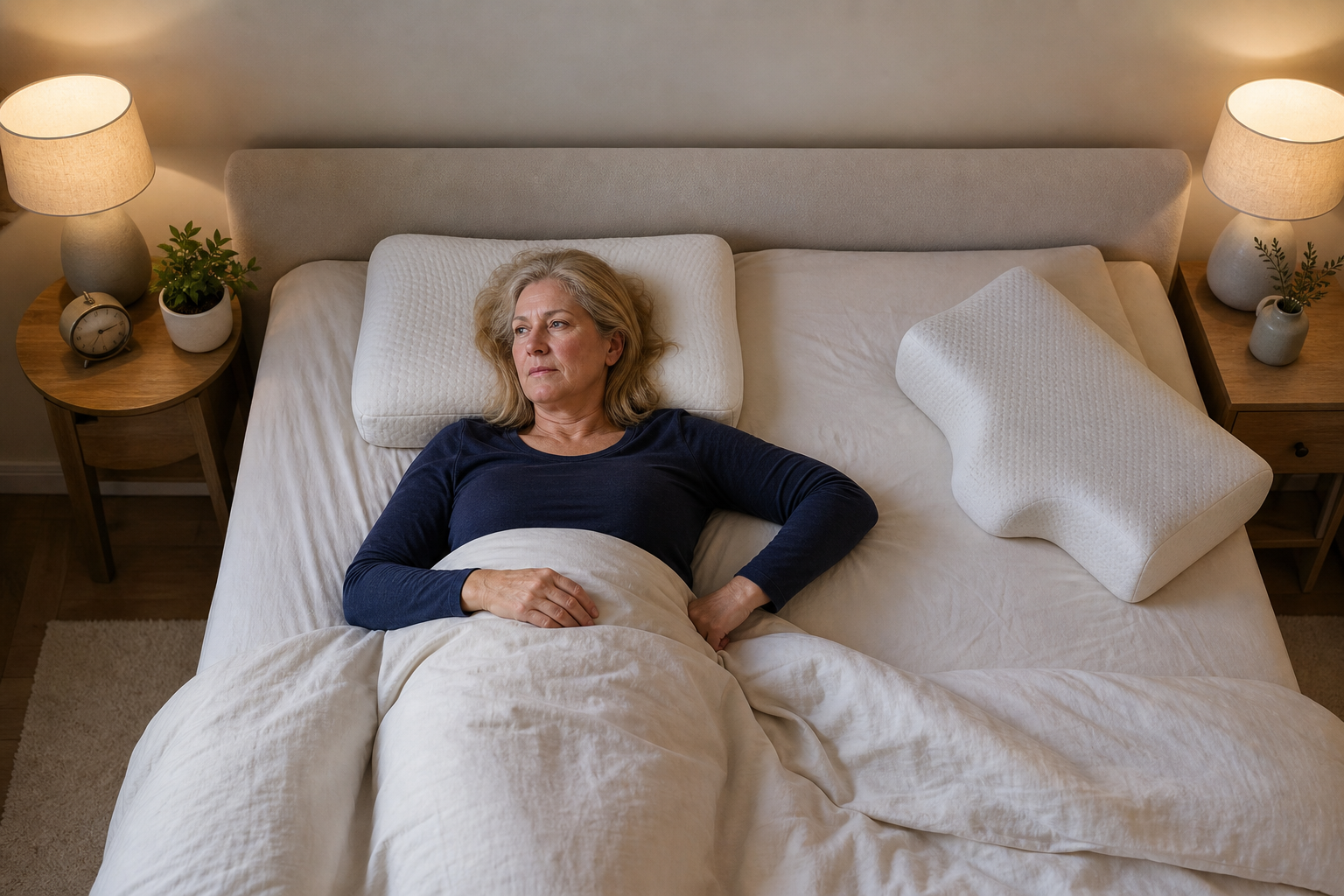Older adult in bed, holding hip, indicating joint discomfort at night