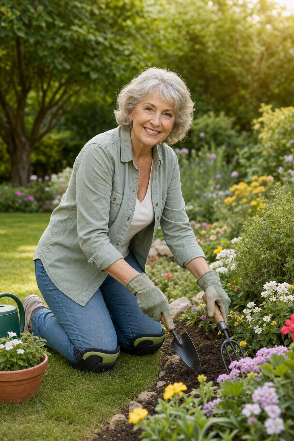 Older woman wearing knee pads and ergonomic gloves while gardening