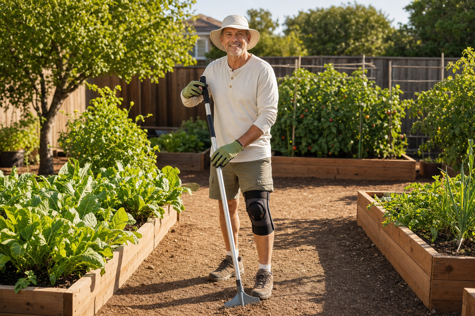 Man with knee brace using ergonomic garden tools in raised bed