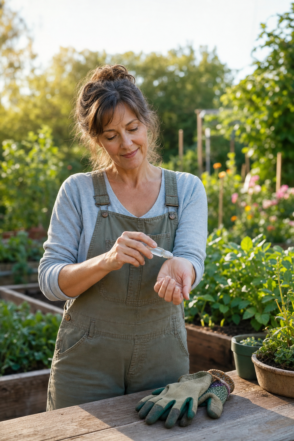 Hands using menthol roll-on for wrist pain after gardening
