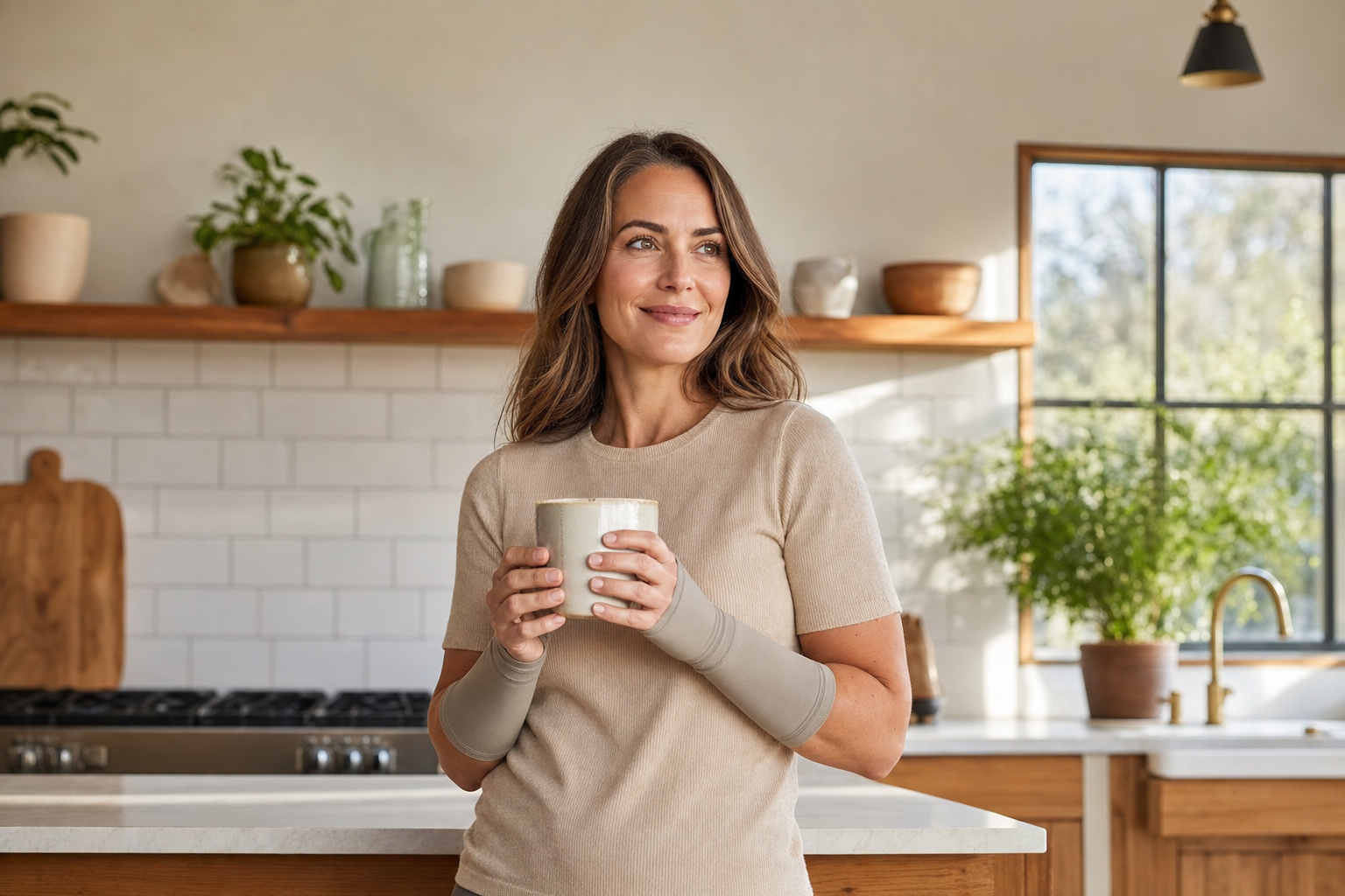 Hands with compression sleeves holding mug in cozy morning kitchen