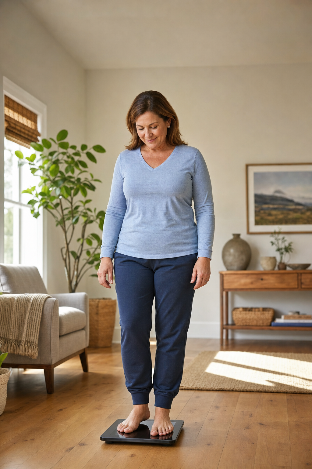 Woman on scale looking at her knees, considering weight management for knee health