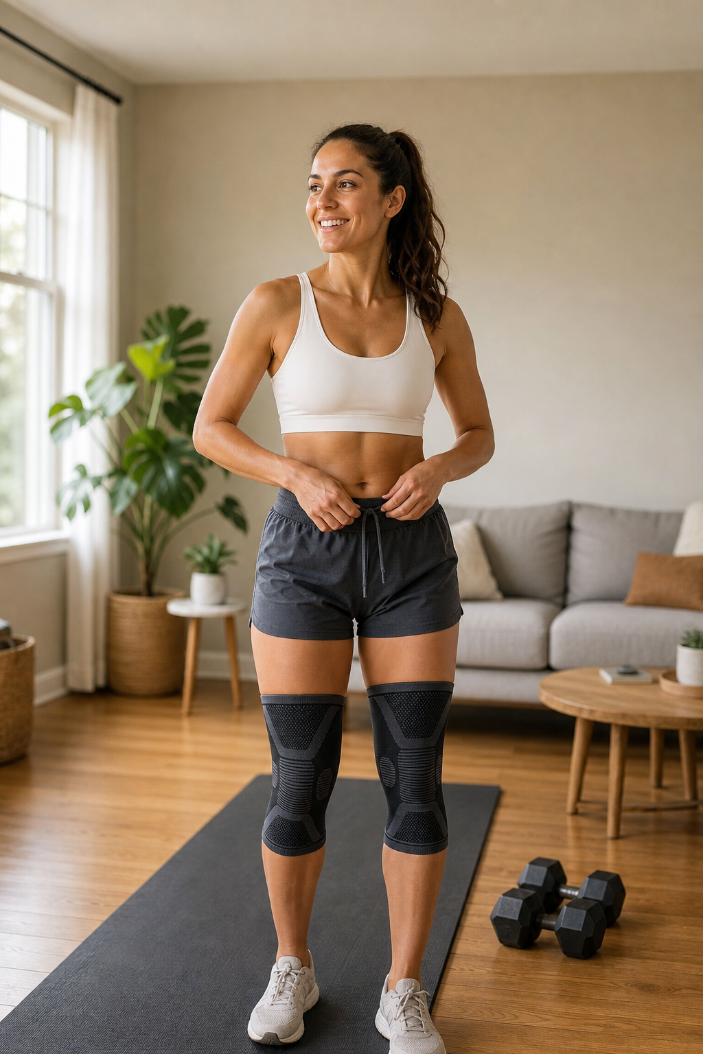 Compression knee sleeve on person’s knees in living room before home exercise