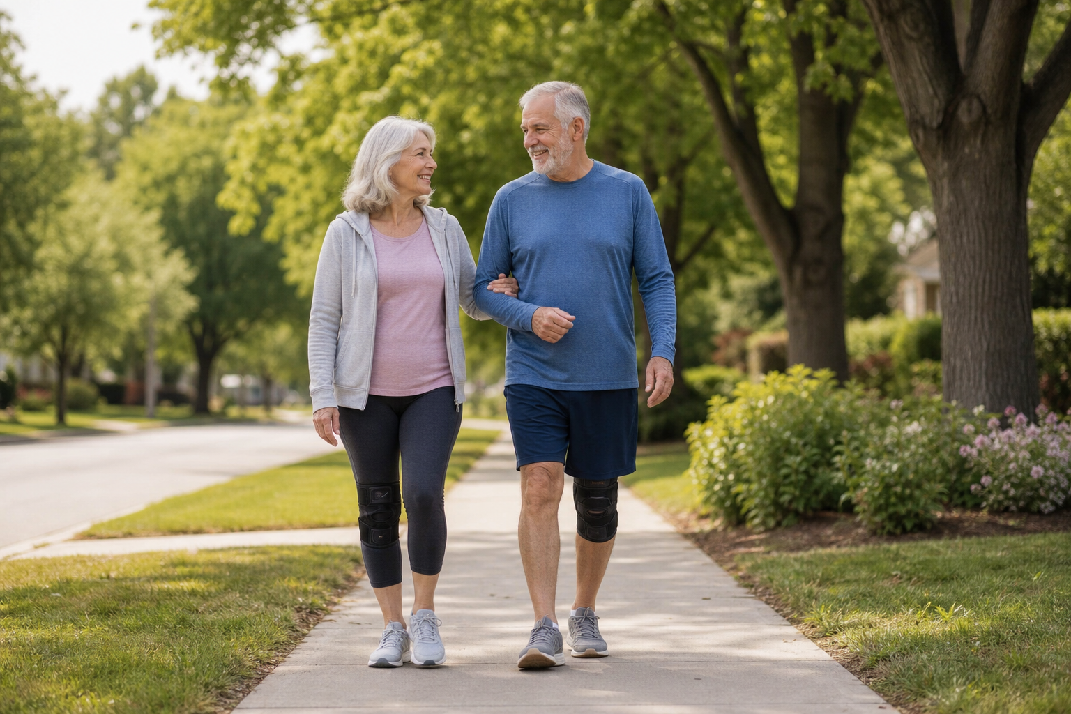 Older couple walking on sidewalk, wearing sneakers and knee braces for support