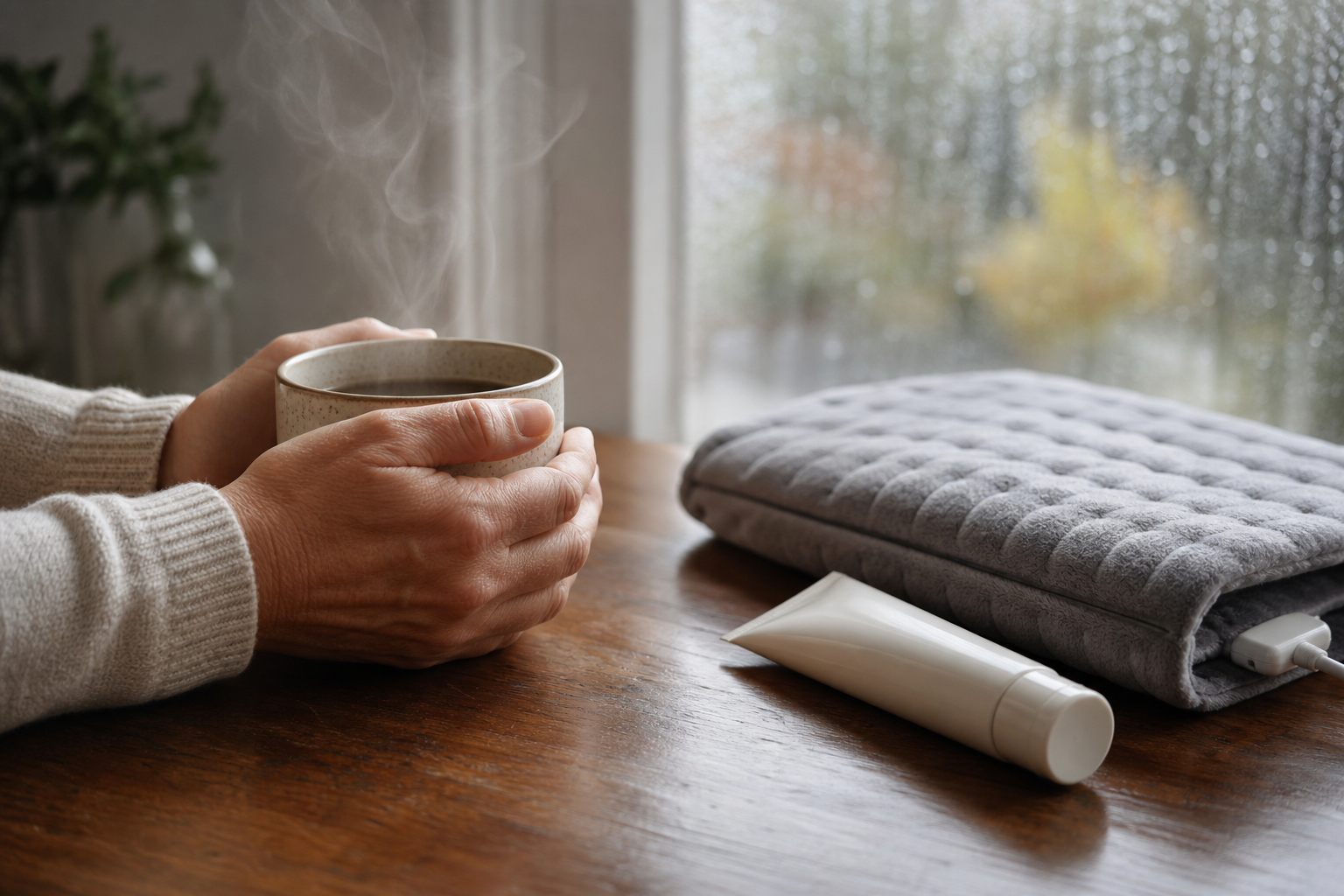 Hands with mug, heating pad, and arthritis cream on table, showing at-home joint pain relief.