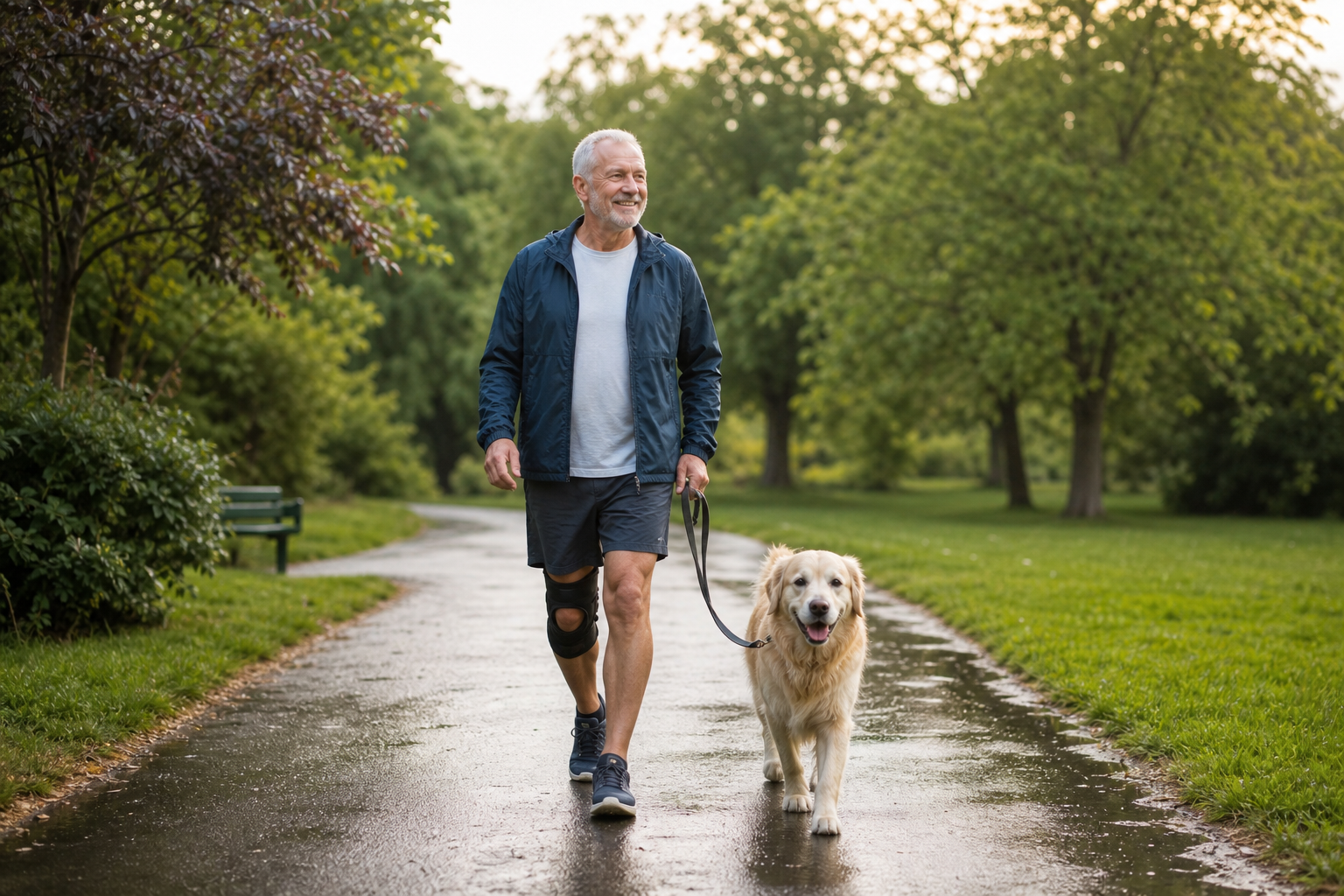 Older man with knee brace walking dog after rain, enjoying reduced joint pain outdoors.
