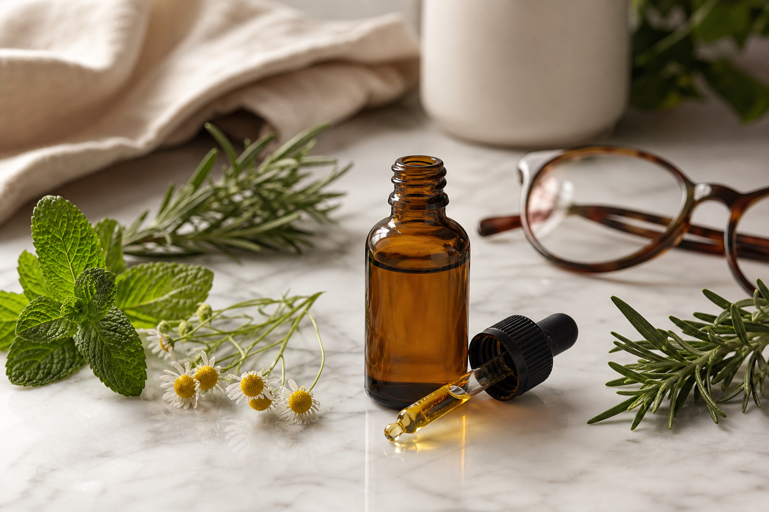 CBD oil tincture and dropper surrounded by natural wellness items