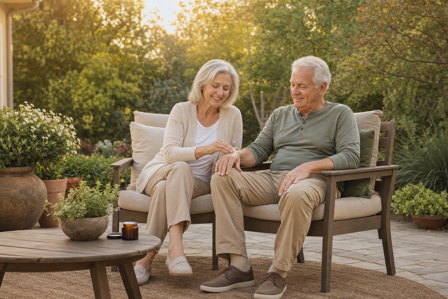 Senior couple using CBD cream for arthritis on a sunny patio
