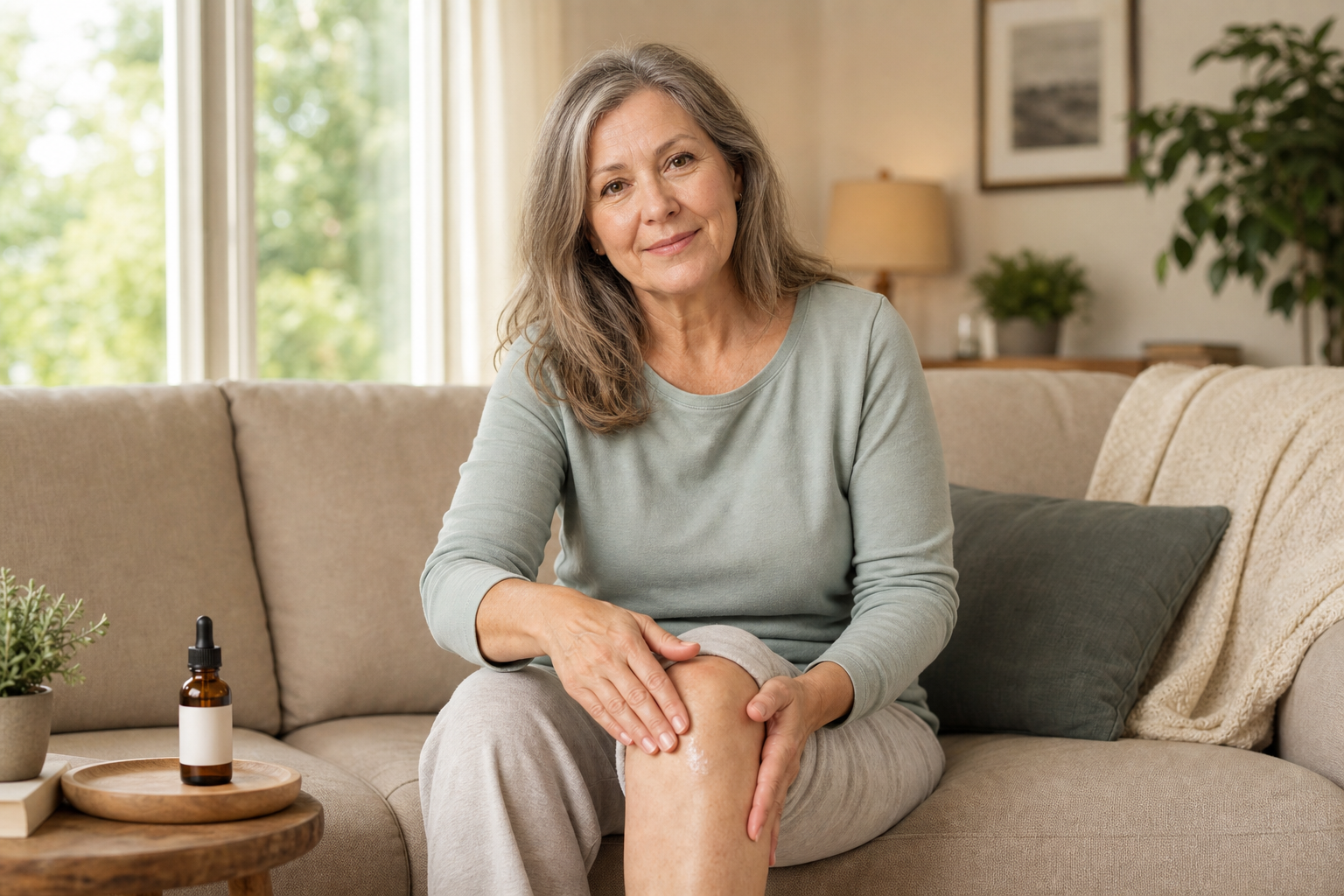 Woman applying CBD oil to her knee for joint pain relief