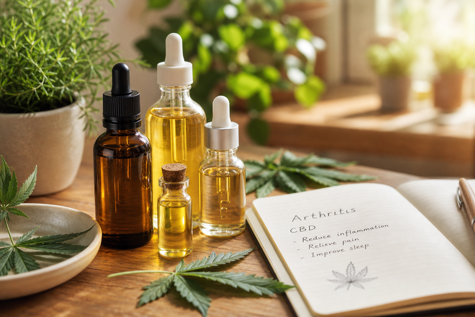 CBD oil bottles for joint pain and inflammation on a wooden table