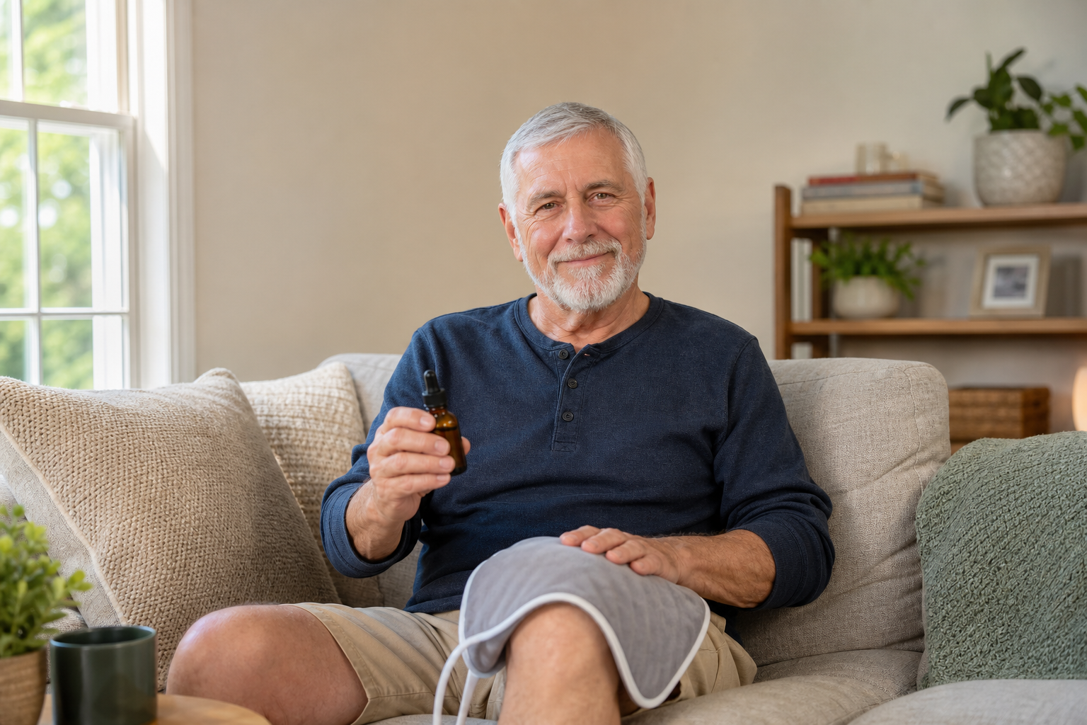 Man combining CBD oil and heating pad for knee pain relief at home