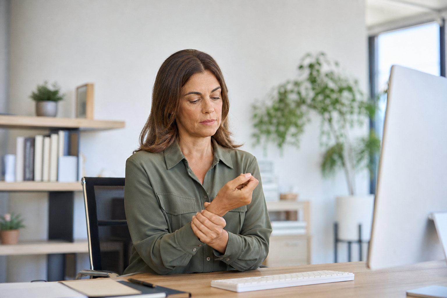Woman at desk massaging aching wrist, ergonomic workspace.