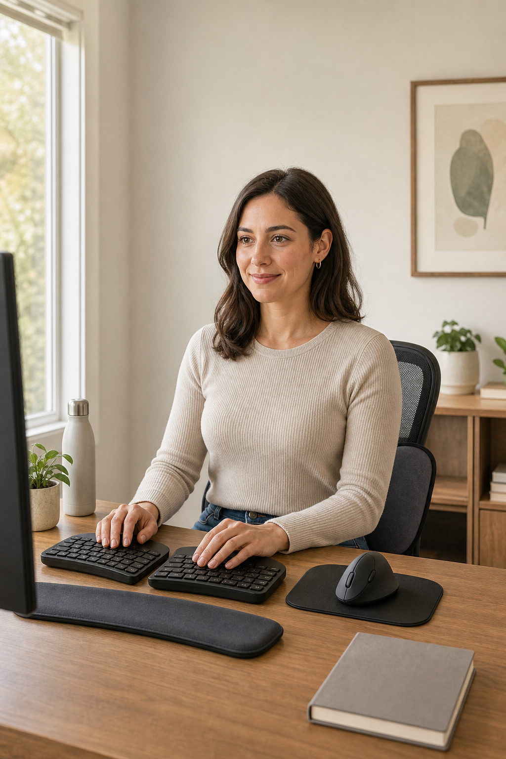 Home office with ergonomic keyboard, mouse, wrist rest, and heating pad.