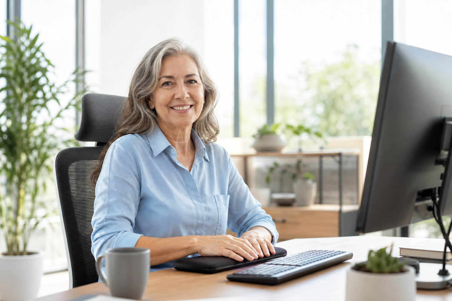 Office worker with wrist rest and ergonomic monitor setup, smiling.