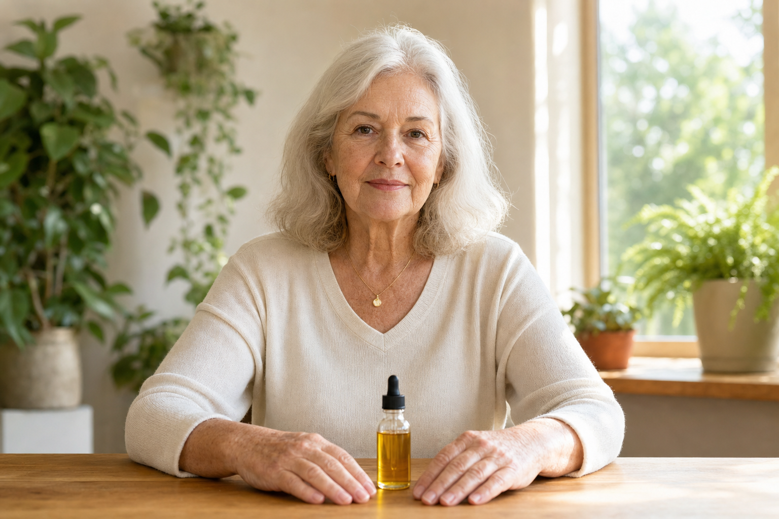 CBD oil dropper bottle and arthritic hands in natural light