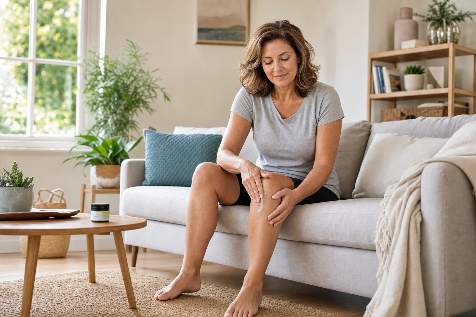 Woman rubbing CBD balm into knee for joint pain relief