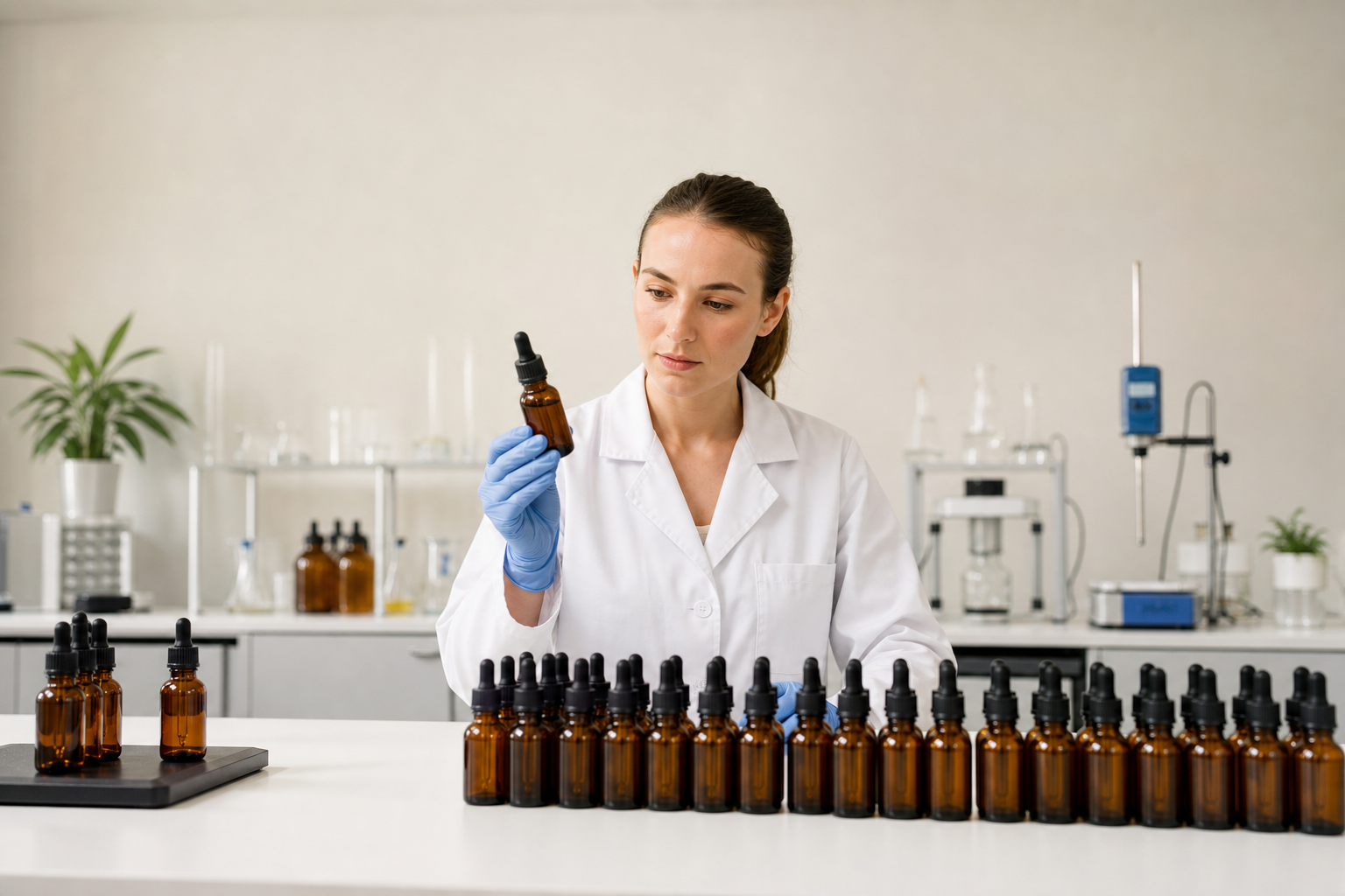 Lab technician checking CBD oil bottles for quality assurance