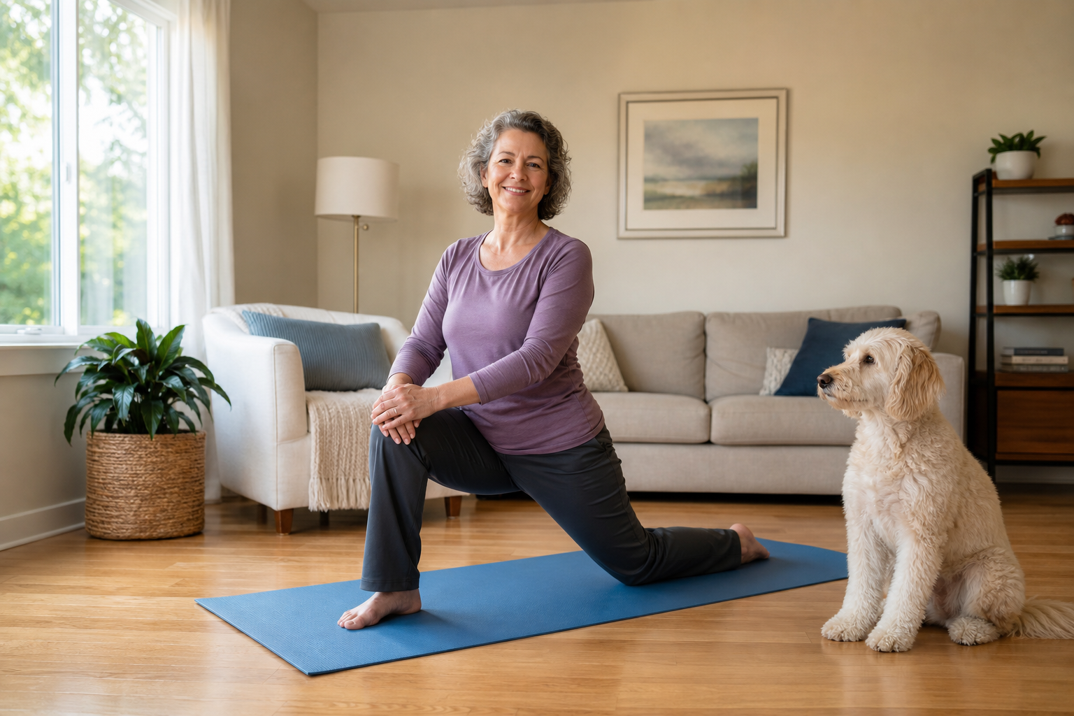 Person in 50s stretching hip on yoga mat at home with a dog watching