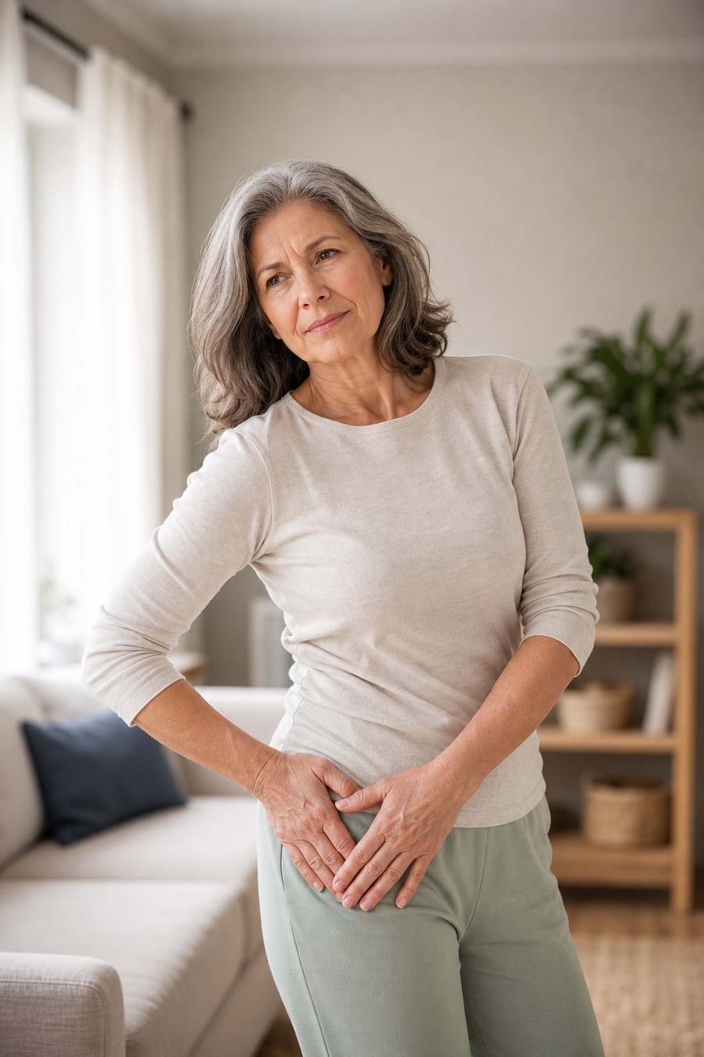 Close-up of hands massaging sore hip in home setting