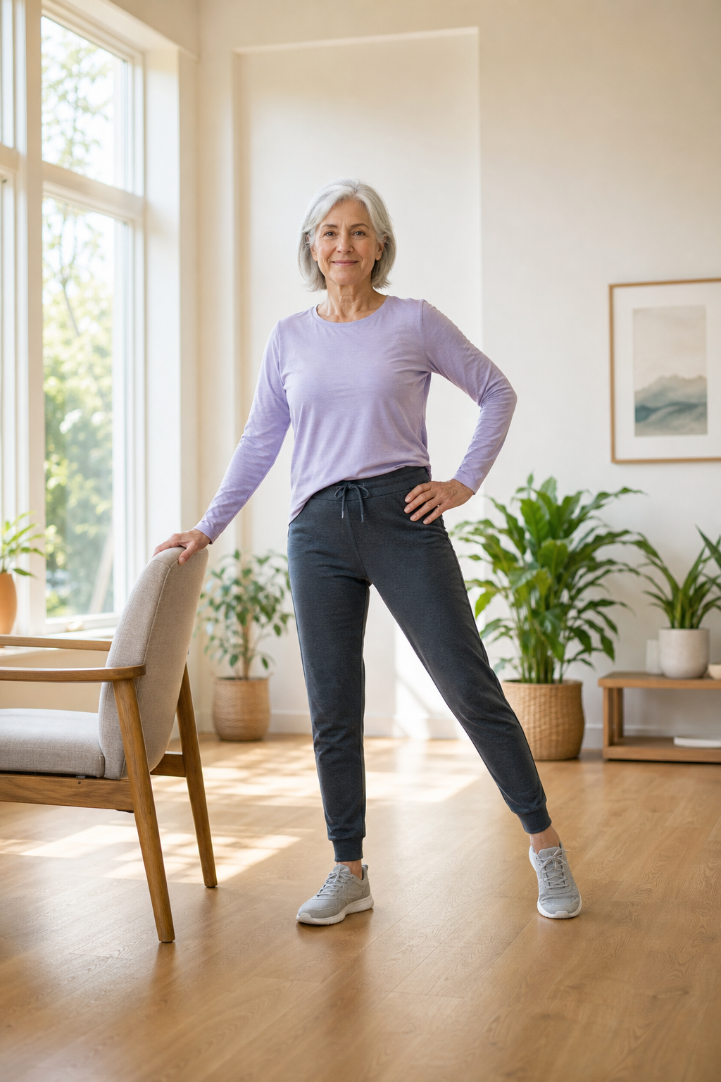 Older adult standing hip stretch beside chair in sunny room with plants