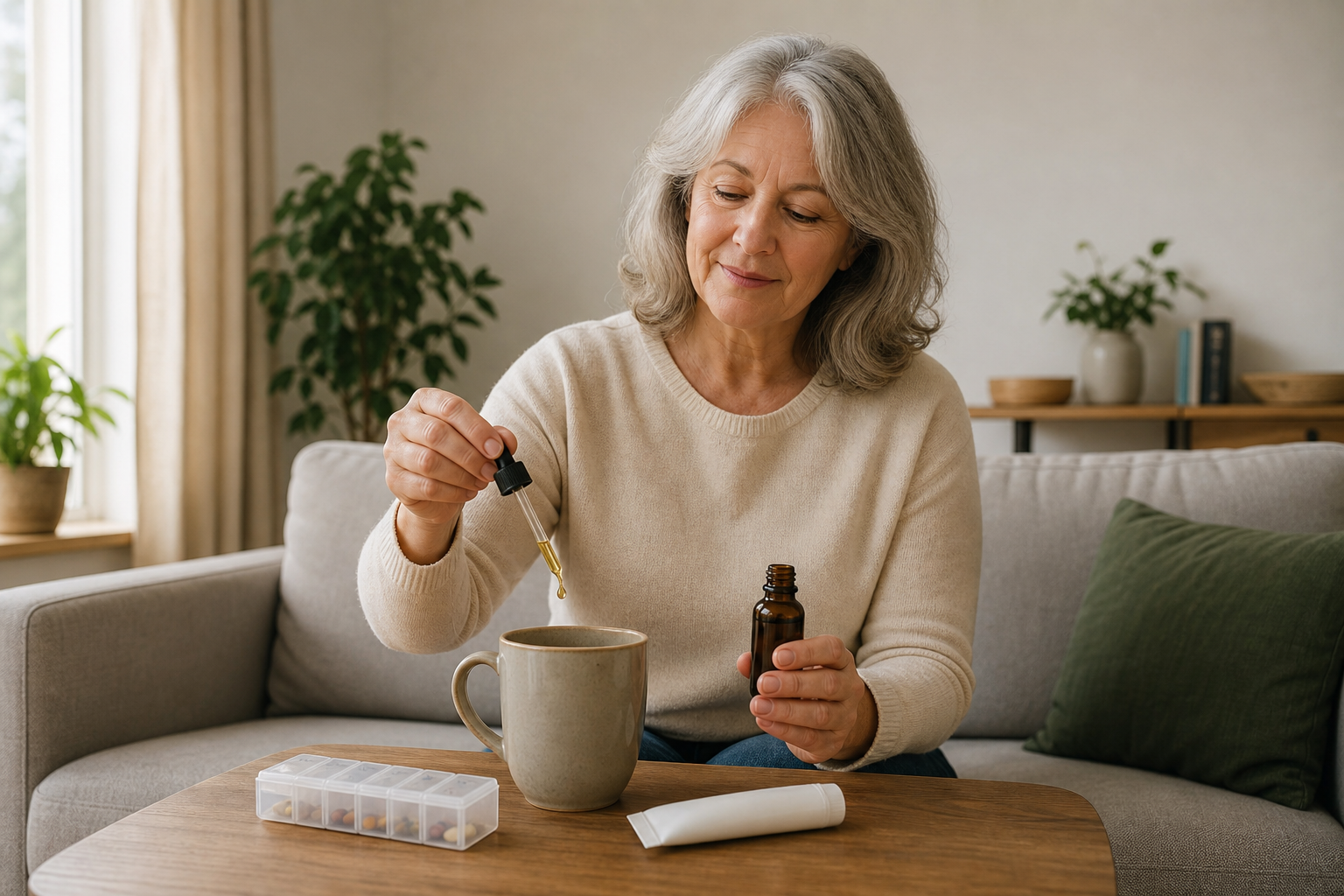 Older woman adds CBD oil to coffee for joint pain relief