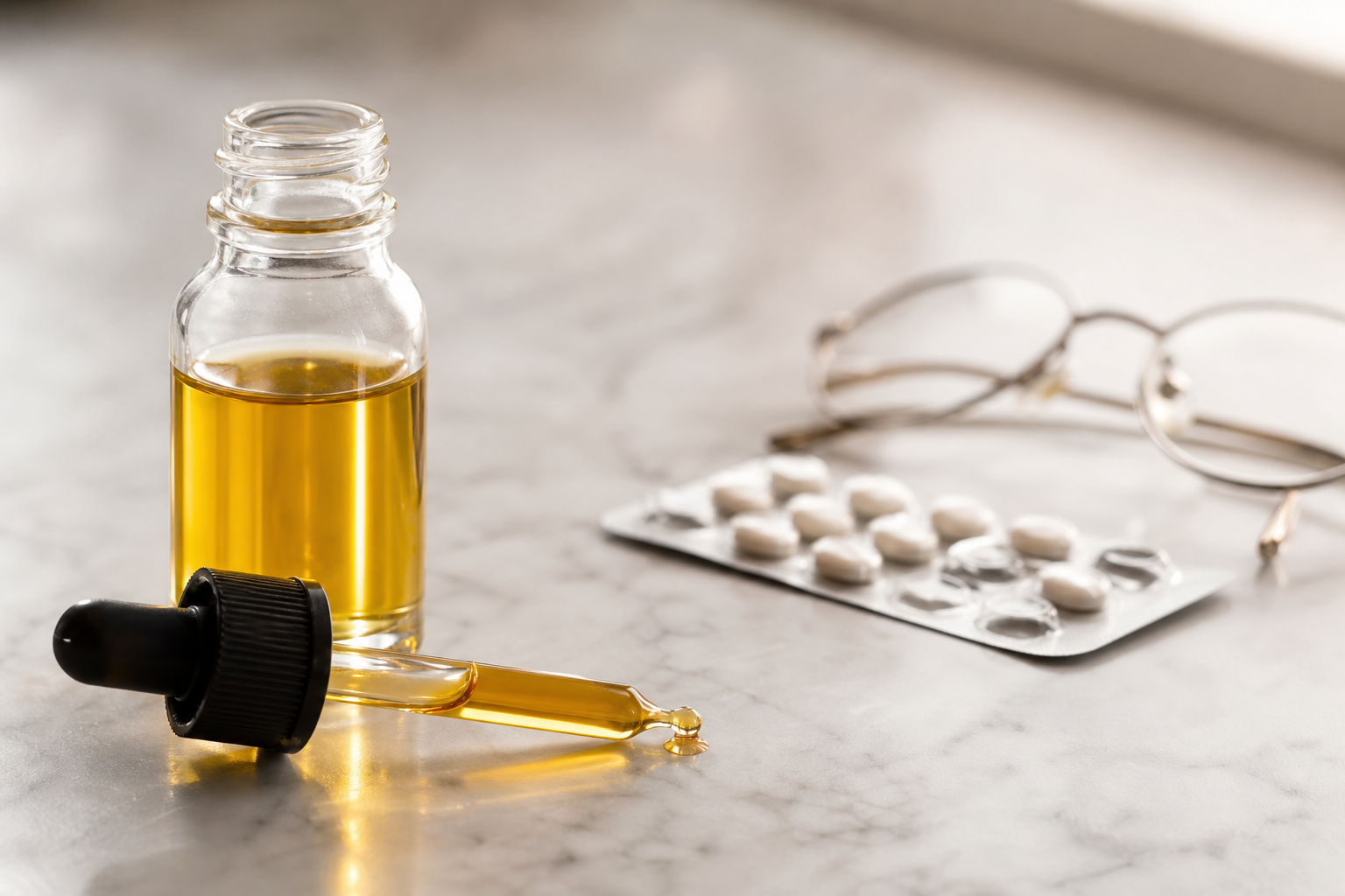 CBD oil dropper next to arthritis medication and reading glasses