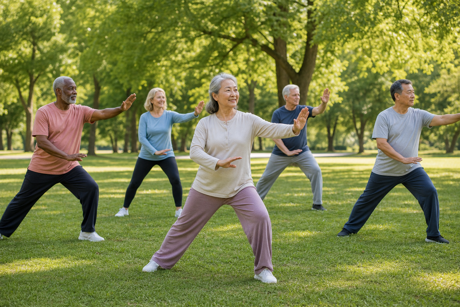 Older adults practicing Tai Chi in a sunny park, led by a smiling woman, for arthritis and balance.