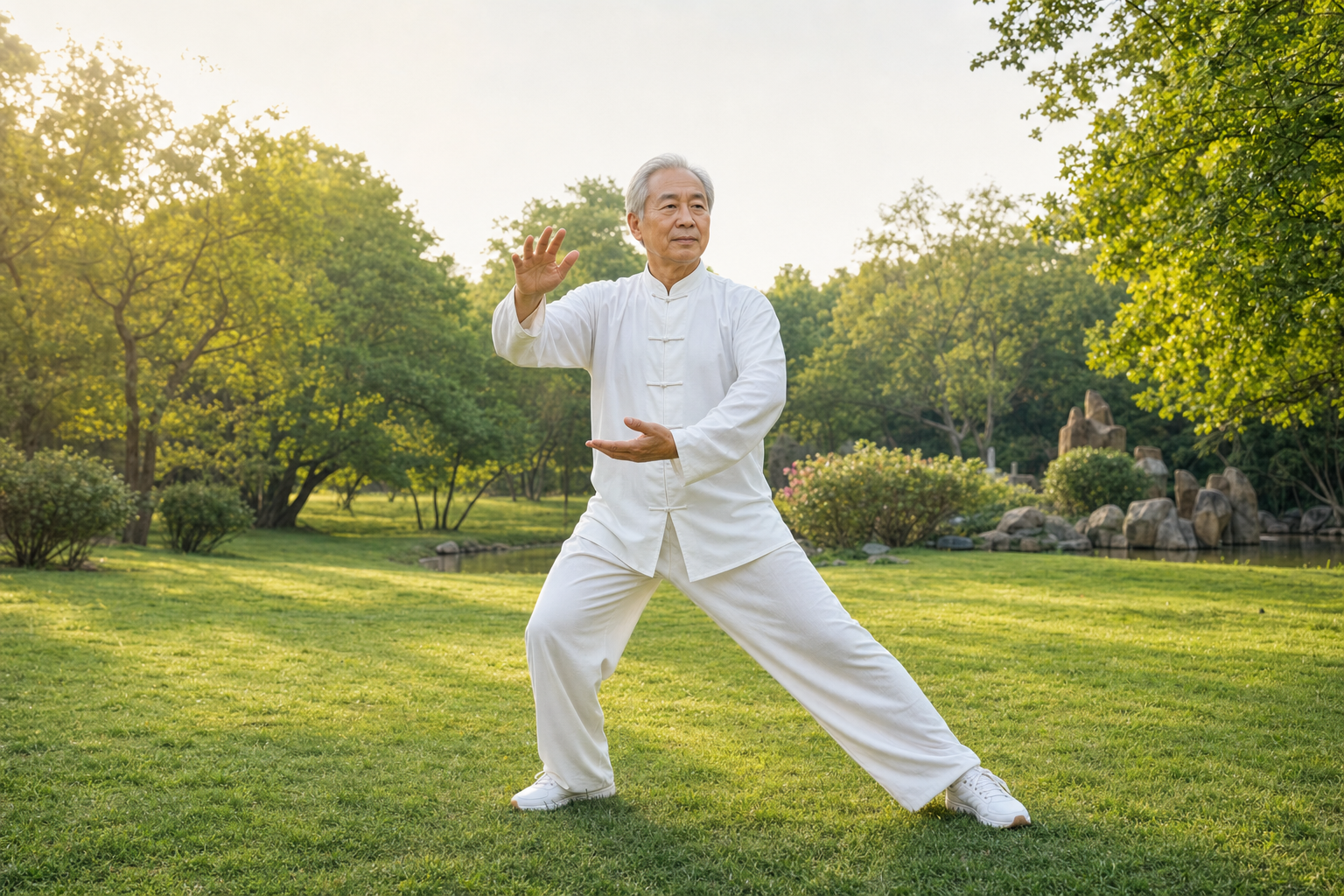 Senior's hands and legs in Tai Chi balance pose, showing joint support and stability.