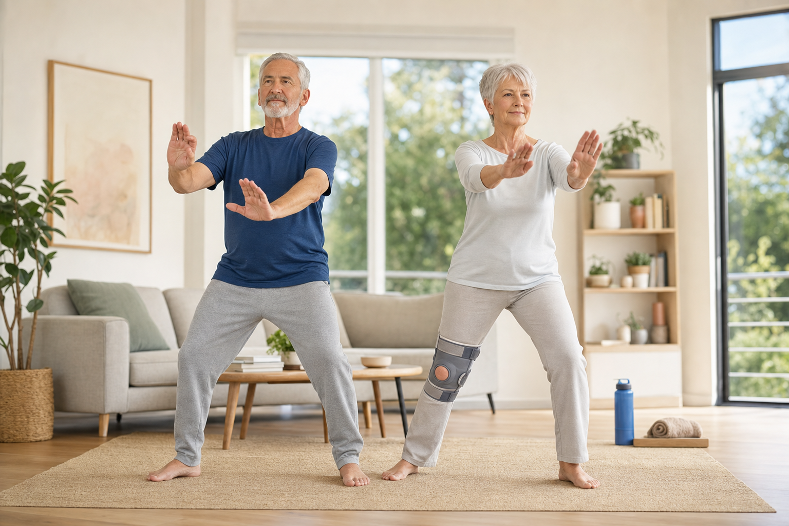 Older man and woman with knee brace doing Tai Chi at home for arthritis and balance.