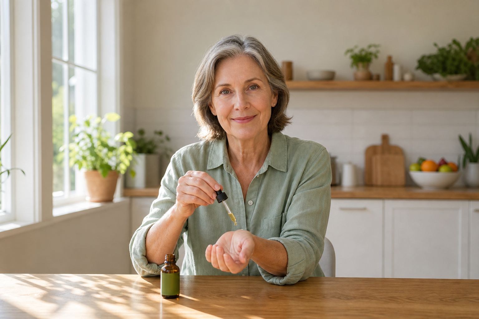 Older adult applying CBD oil drops to wrist at kitchen table
