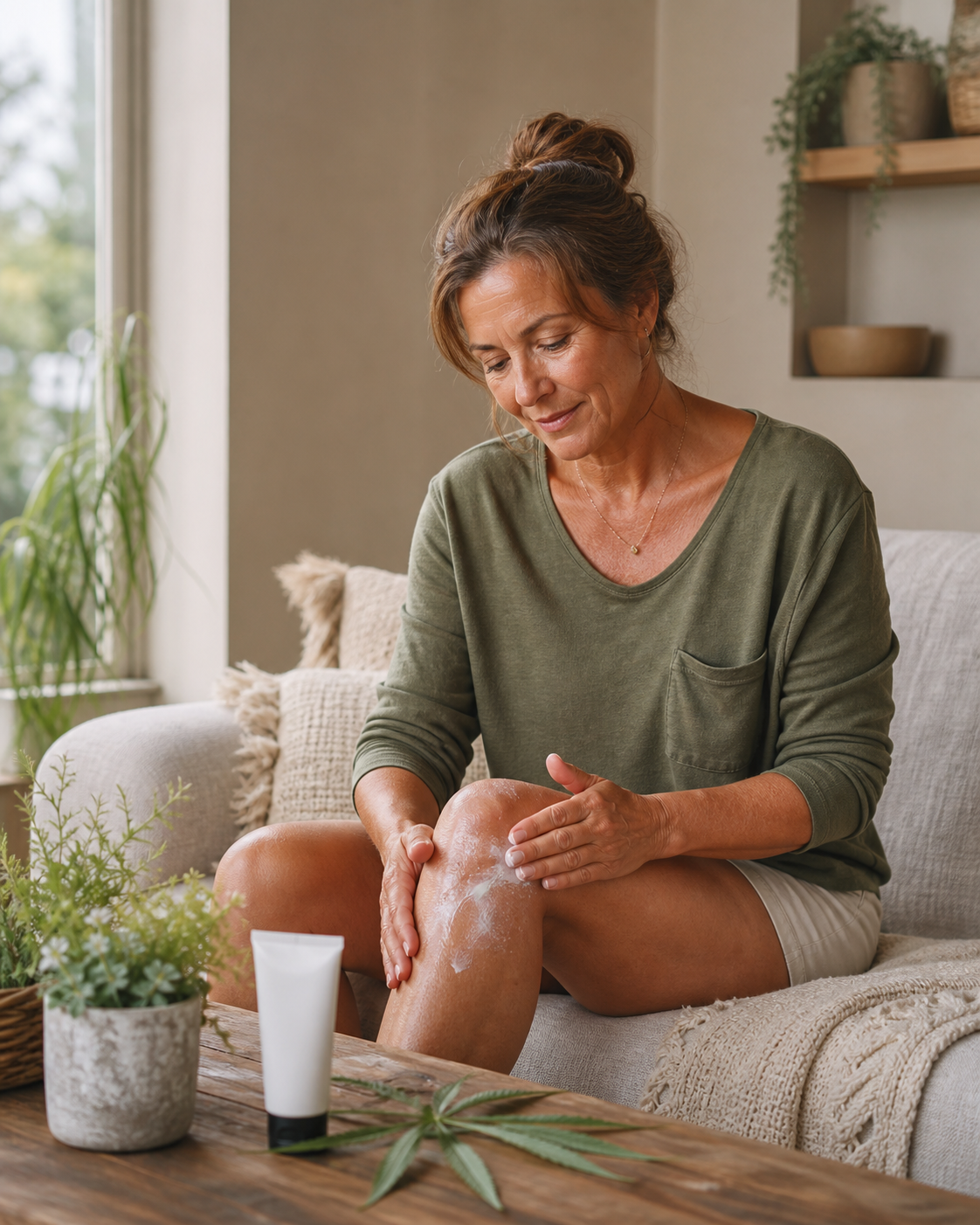 Hands massaging CBD cream onto arthritic knee