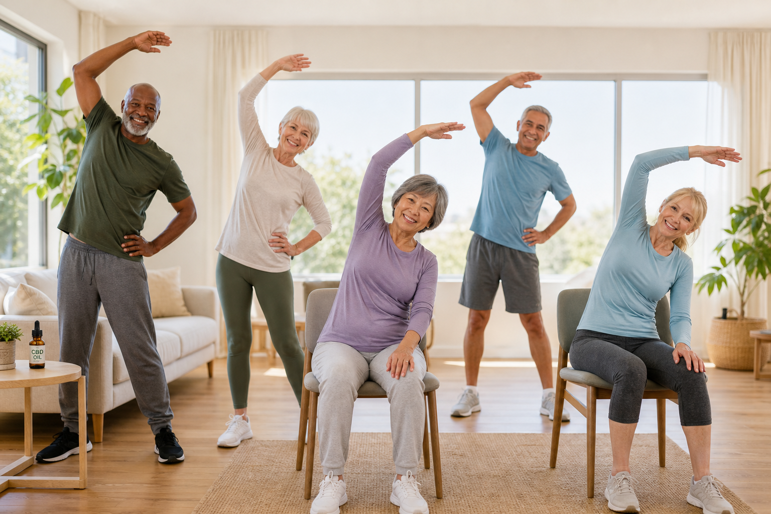 Older adults stretching in living room with CBD oil bottle in background