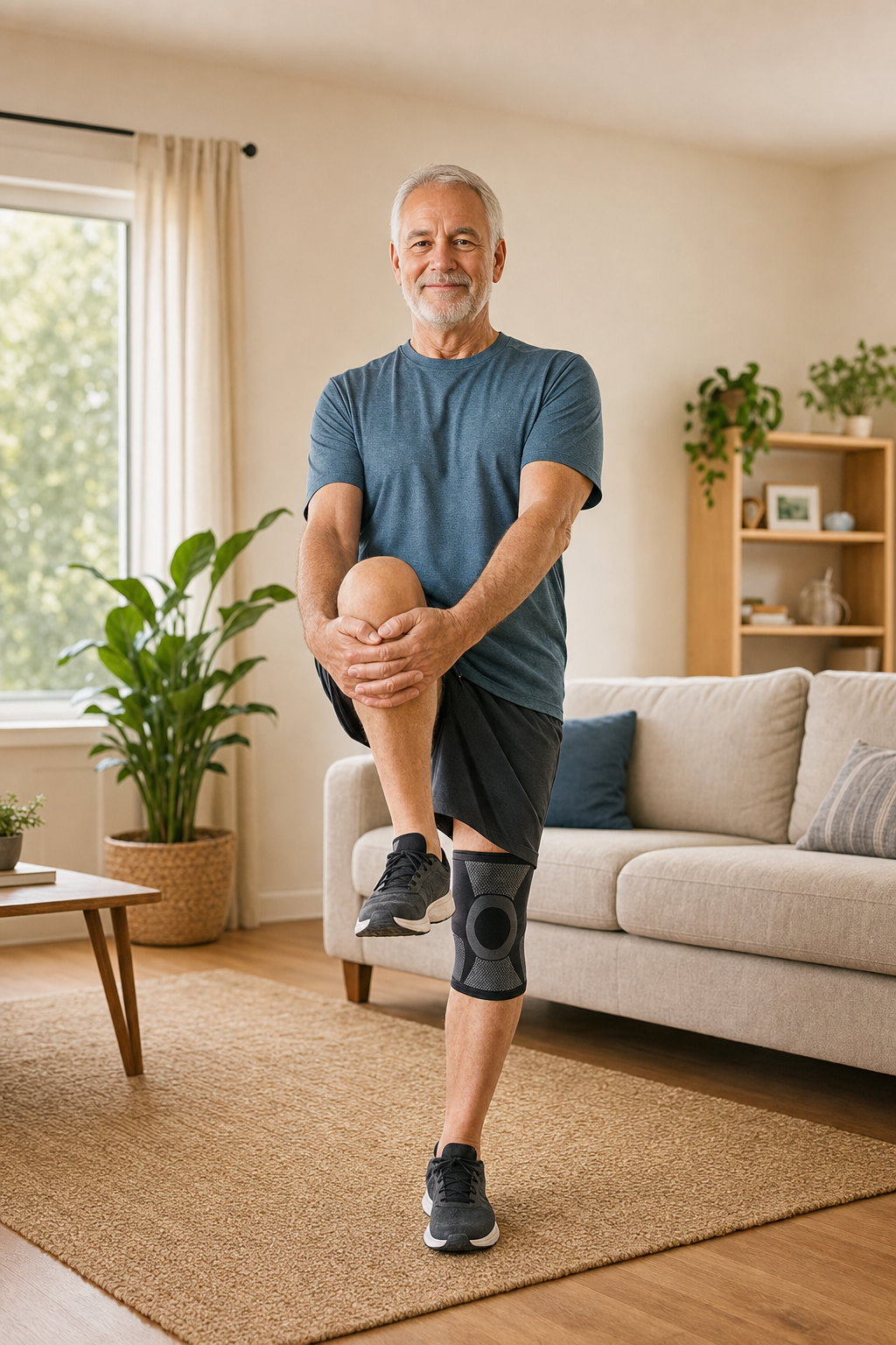 Older man stretching in living room with knee sleeve, natural light, and cozy decor