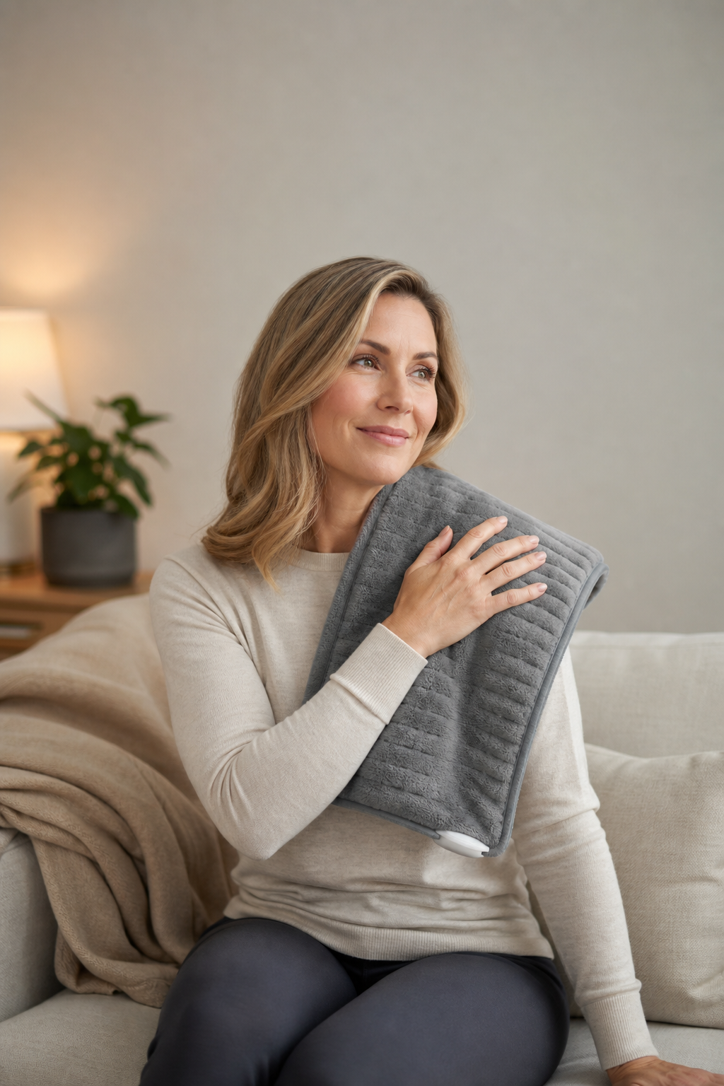 Woman using heating pad on shoulder at home, soft light, relaxed expression
